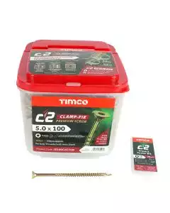 5.0 x 100mm Timco C2 Clamp-Fix Double Countersunk with Ribs Twin Cut Premium Wood Screw Zinc-Yellow (Tub of 300)